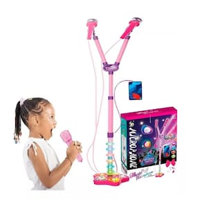 Microfone Duplo Rosa Infantil Com Luz Som e Conexão Celular