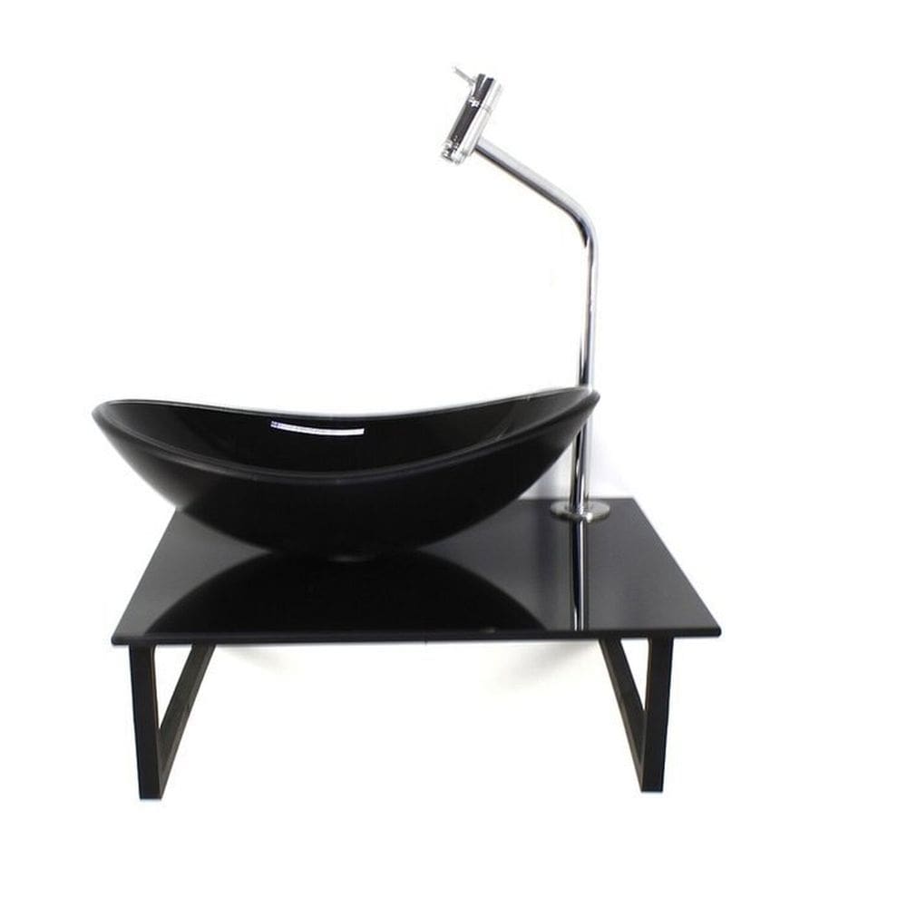Kit Cuba de Vidro Oval 10cm Tampo 40cm Full com Suporte Torneira Valvula Preto