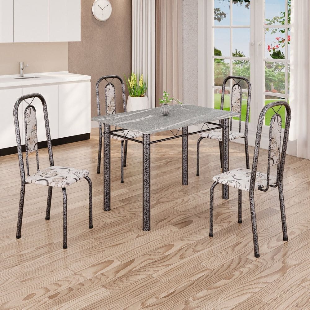 Conjunto de Mesa Tubular 100cm X 60cm Tampo Granito Topázio com 4 Cadeiras Lívia Arabesco/ Mart Prata
