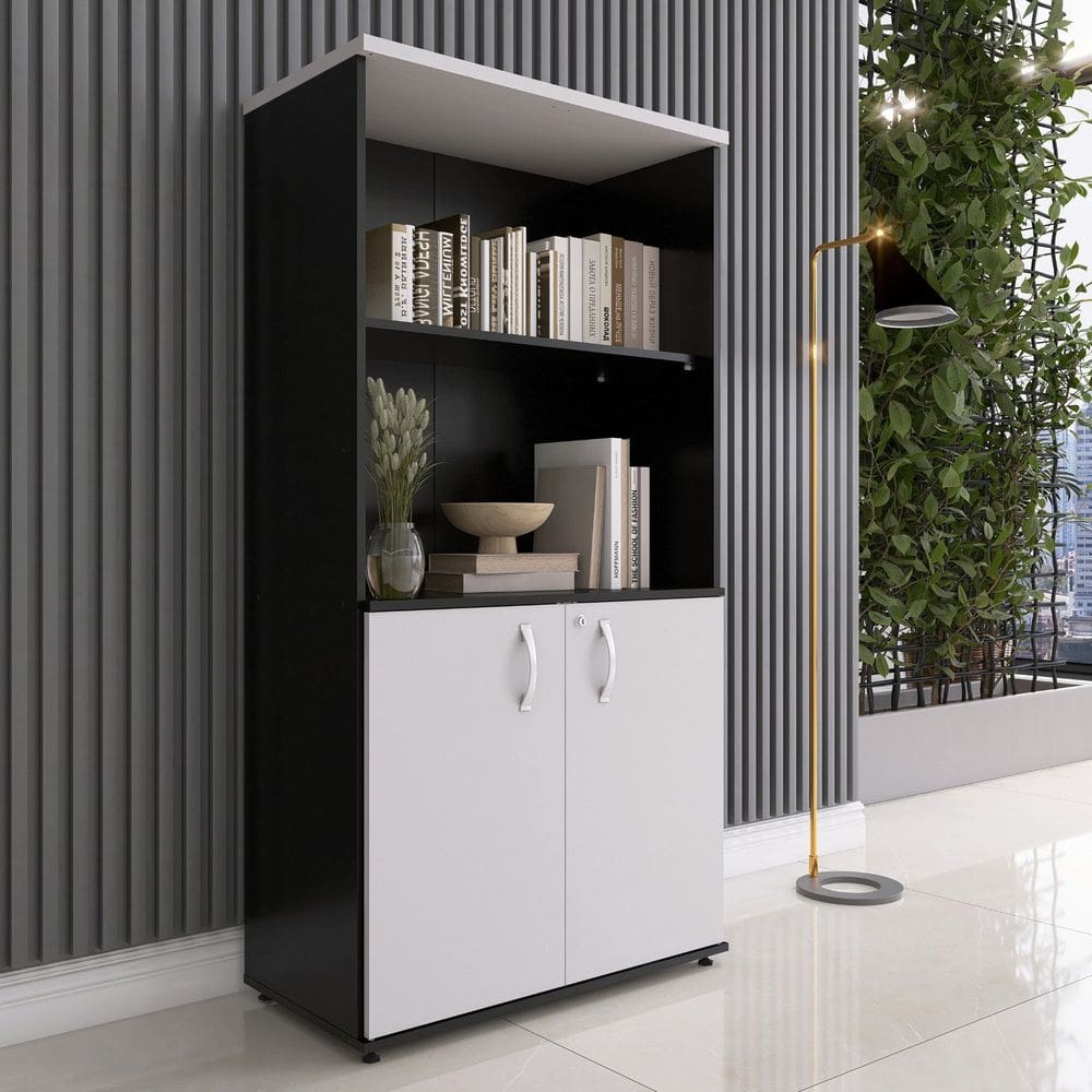 Armário para Escritório Misto 2 Portas Pivotante Preto/Cinza