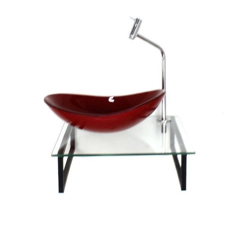 Kit Cuba de Vidro Oval 10cm Tampo 40cm com Suporte Torneira Válvula Vermelho Ferrari
