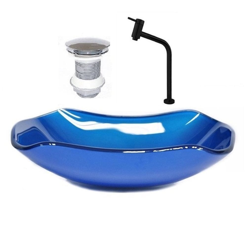 Cuba de Vidro Abaulada 51cm + Válvula + Torneira Azul Escuro