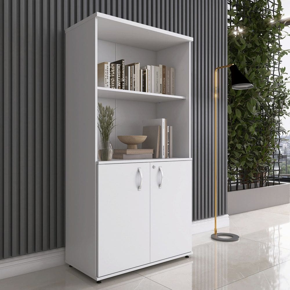 Armário para Escritório Misto 02 Portas Pivotante Cinza/Branco
