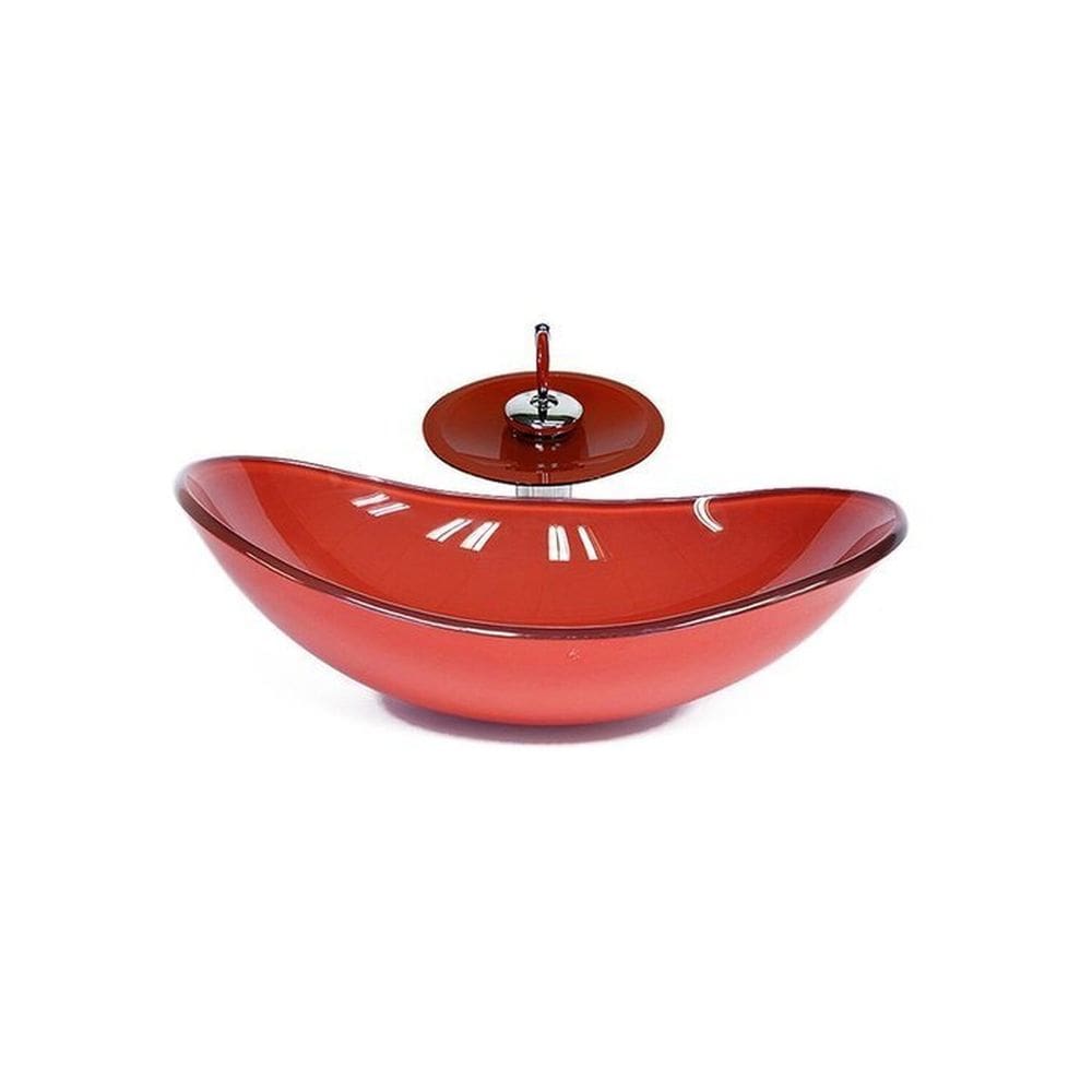 Cuba de Vidro Oval 55cm + Válvula + Torneira Cascata Vermelho