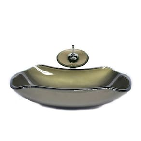 Cuba de Vidro Abaulada 45cm + Válvula + Torneira Cascata Ouro Envelhecido