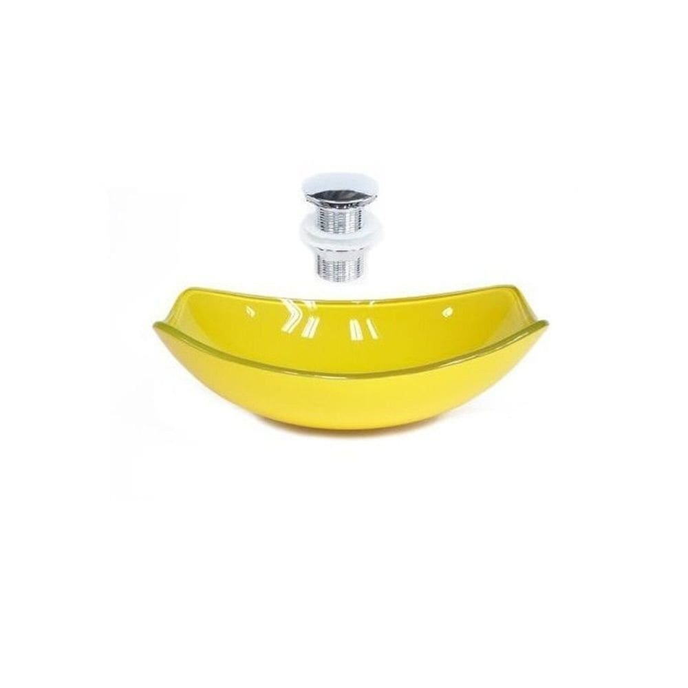 Cuba de Vidro Oval Chanfrada 46cm + Válvula Click Amarelo