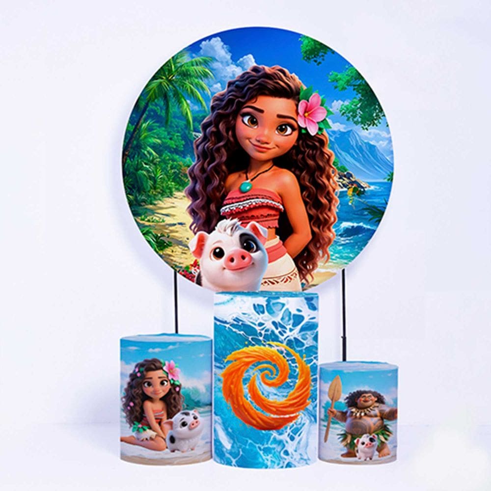Kit Painel de Festa Redondo de 1,30m e Trio de Cilindros Moana - Fera Print