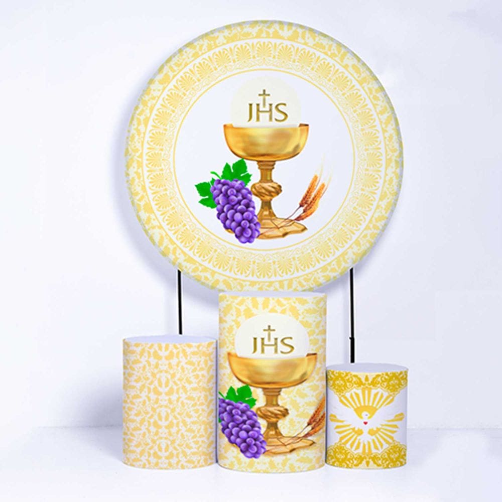 Kit Painel de Festa Redondo de 1,50m e Trio de Cilindros Eucaristia - Fera Print