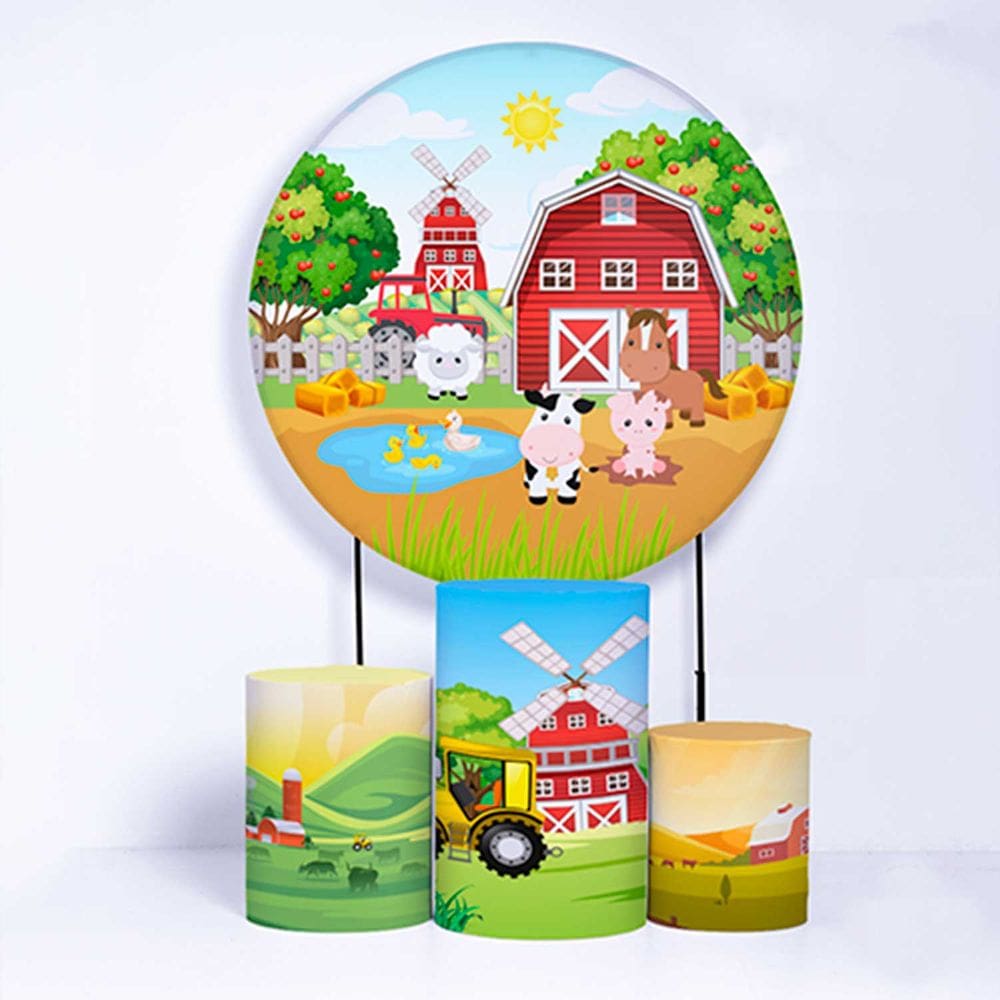 Kit Painel de Festa Redondo de 1,30m e Trio de Cilindros Fazendinha - Fera Print