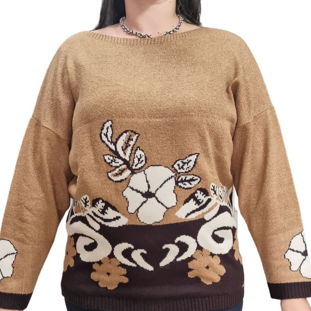 Blusa Feminina Trico Clajan Marrom Flores Plus Size