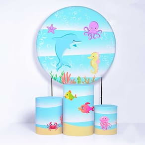 Kit Painel de Festa Redondo de 1,50m e Trio de Cilindros Fundo do Mar - Fera Print