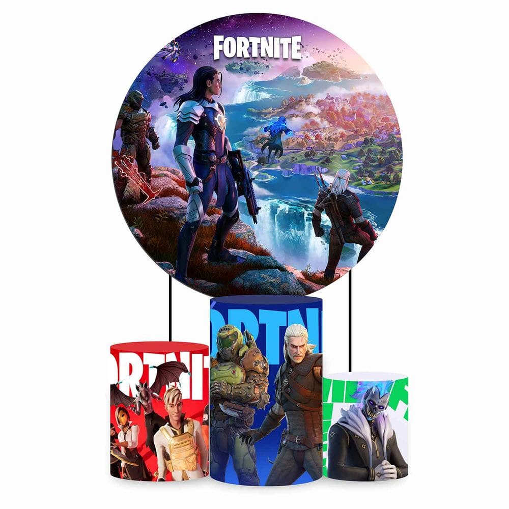 Kit Painel de Festa Redondo de 1,80m e Trio de Cilindros Fortnite - Fera Print