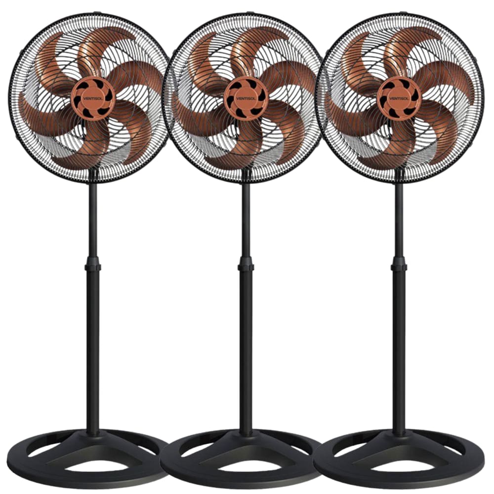 Kit 3 Ventiladores Coluna Chão 50cm Turbo Ventisol 6 Pás Oscilante 135W