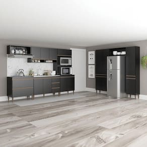 Cozinha Modulada Grande Completa 8 Peças 460cm Menu Móveis Preto