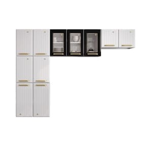 Cozinha Compacta Aço 3 Peças Com Vidros Armários Aéreos E Paneleiro Multimóveis Cr20368 Branco-preto