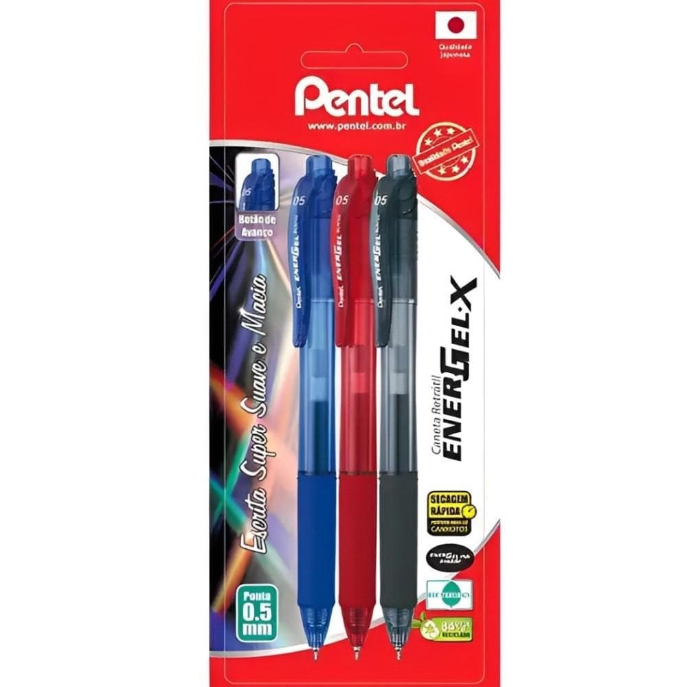 Caneta Gel Retrátil Pentel Energel-X, 0,5Mm, Preta,Vermelha