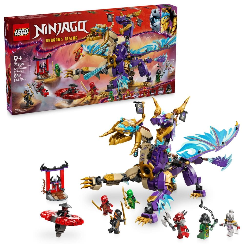 Conjunto de brinquedos LEGO NINJAGO Arc Dragon of Focus com 8 minifiguras