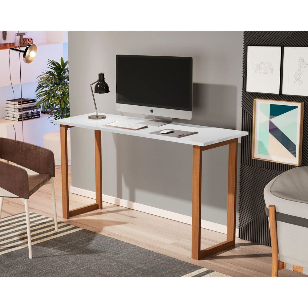 Mesa de Estudo Office 1.20cm - Pés em Madeira Maciça c/ Pintura Anti Umidade - Tampo 15mm c/ fita de borda - Branco