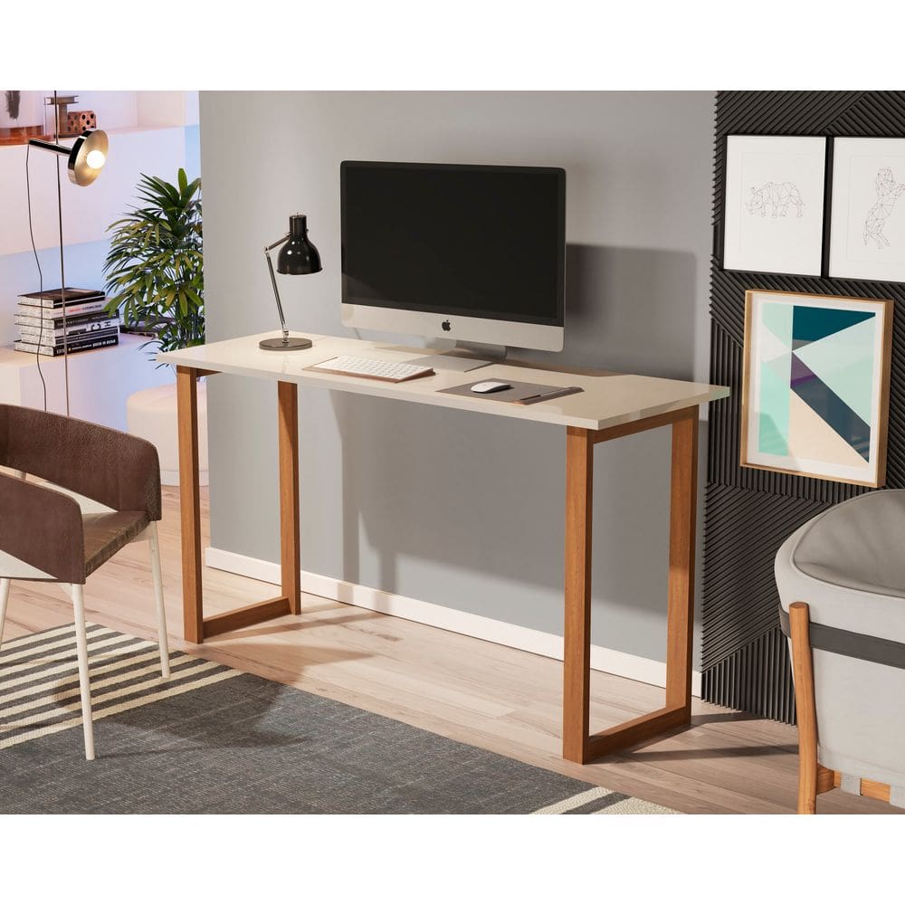 Mesa de Estudo Office 1.20cm - Pés em Madeira Maciça c/ Pintura Anti Umidade - Tampo 15mm c/ fita de borda - Off