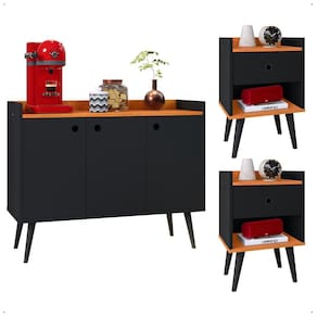 Kit 2 Mesas Cabeceira Decore Mesinha Gaveta Nicho Aparador Buffet Wood New Preto/Cinamomo Retrô Pés Palito - Lojas RPM