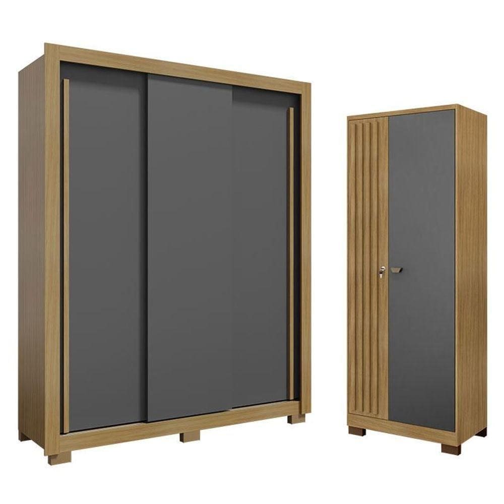 Guarda Roupa Nevoa Flex 3 Portas E Armário Multiuso Versátile Com Chave Carvalho Americano Grafite - Incorplac