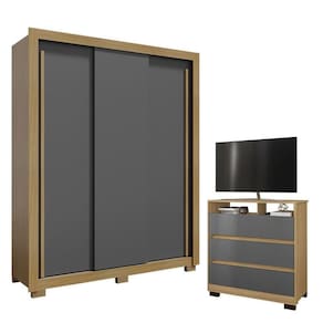 Guarda Roupa Nevoa Flex 3 Portas E Cômoda Texas 3 Gavetas Carvalho Americano Grafite - Incorplac