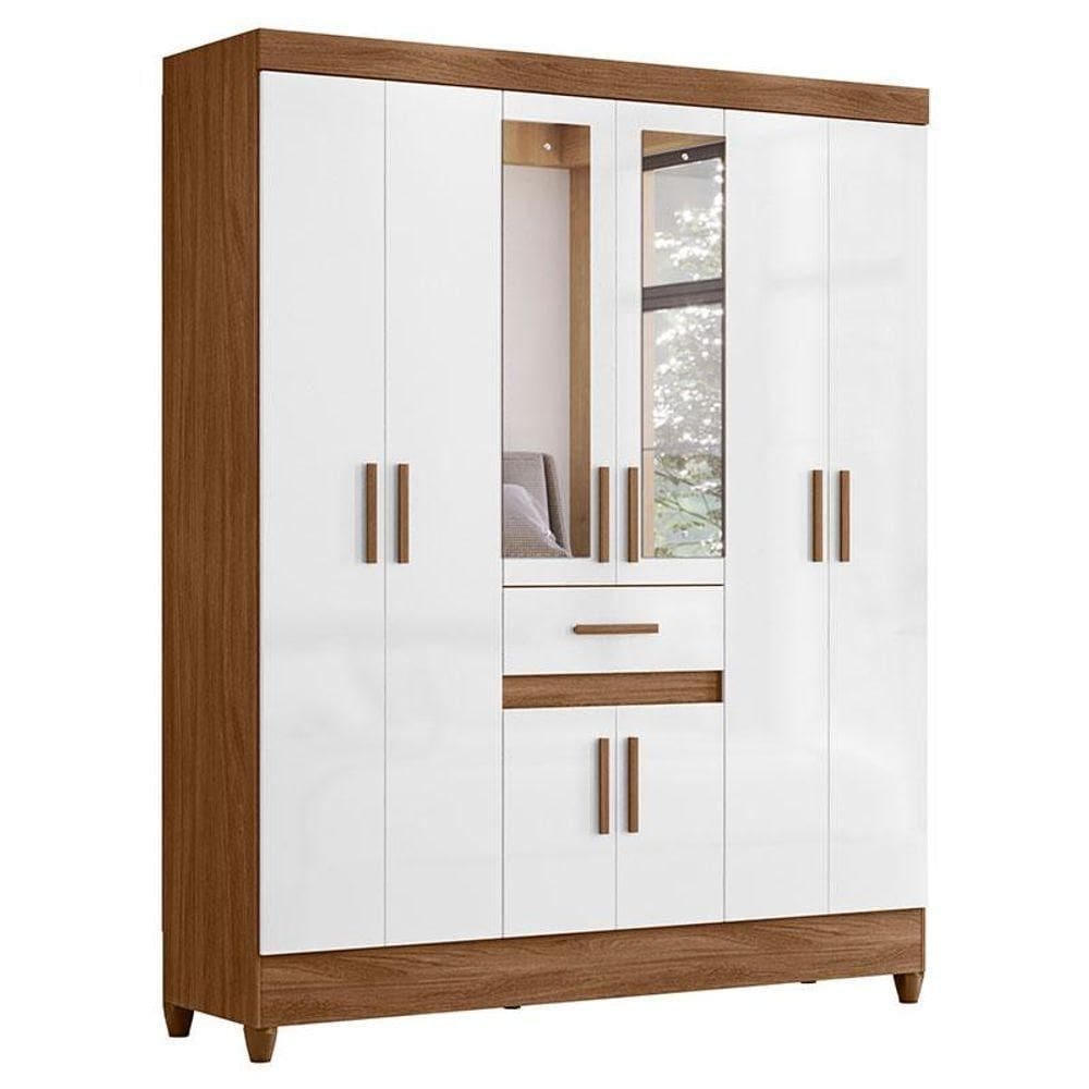 Guarda Roupa Casal Portugal 8 Portas Naturale Branco Com Espelho - Moval