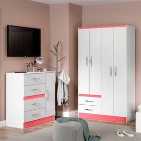 Kit para Quarto Infantil Rosa com Guarda-Roupa e Cômoda MDP Branco 2074 Menu Móveis
