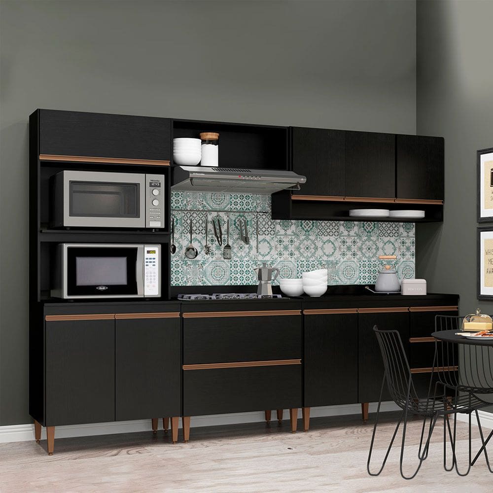 Armário de Cozinha Completa com Balcão Sabrina 280x202cm 6 Peças MDP Preto Menu Móveis