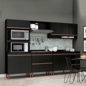 Armário de Cozinha Completa com Balcão Sabrina 280x202cm 6 Peças MDP Preto Menu Móveis
