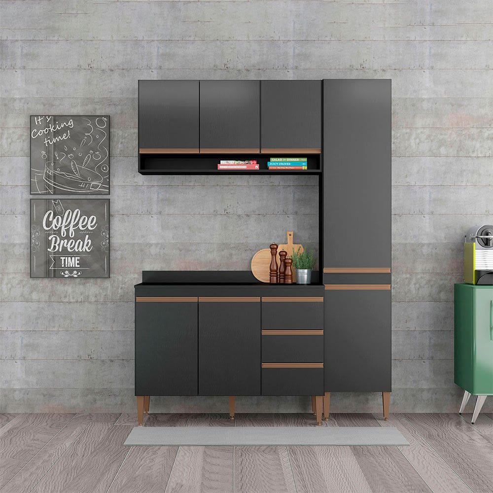 Cozinha Compacta Sabrina 160x202cm 4 Peças MDP Preto Menu Móveis