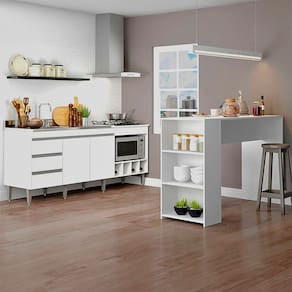 Kit Cozinha Americana Balcão Pia + Bancada Ilha MDP Branco 2035 Menu Móveis