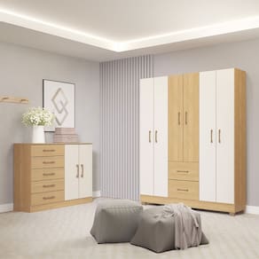 Kit Quarto Casal Completo com Guarda Roupa Cômoda Carvalho Menu Móveis
