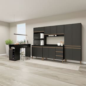 Cozinha Modulada Completa com Balcão Multiuso Sabrina 280x202cm 6 Peças MDP Preto Menu Móveis