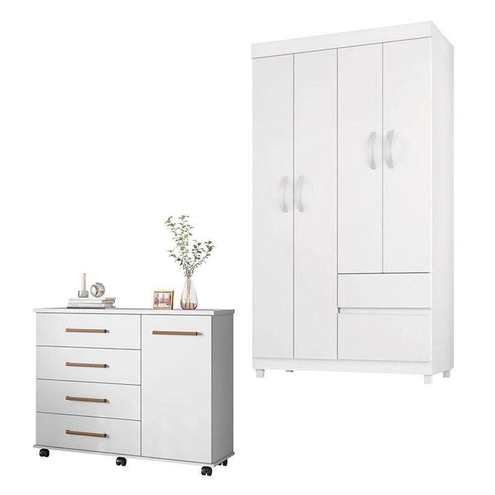 Cômoda Flora E Guarda Roupa Solteiro Lótus Branco Flex - Demóbile