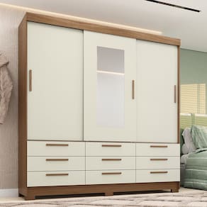 Guarda-Roupa Casal 194,40 3 Portas de Correr 9 Gavetas Com Espelho Dante Estilo MM