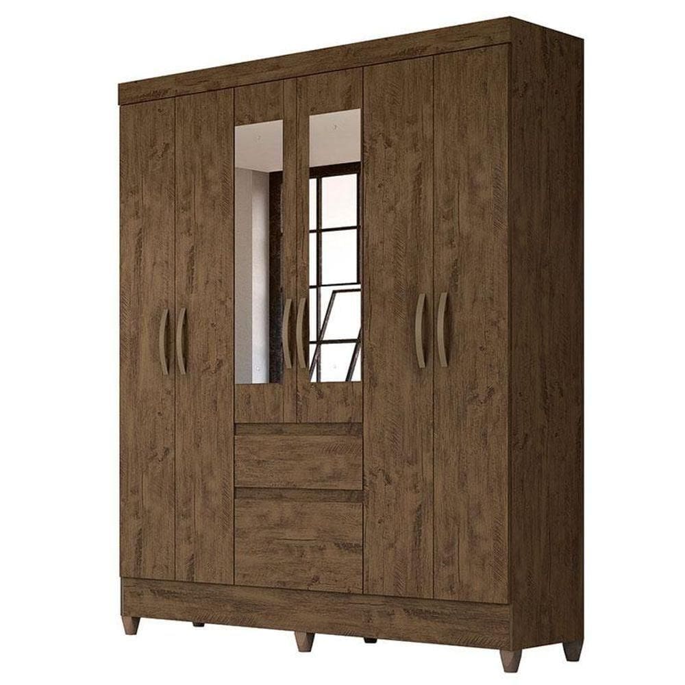 Guarda Roupa Casal New Cuba 6 Portas Castanho Wood Com Espelho - Moval