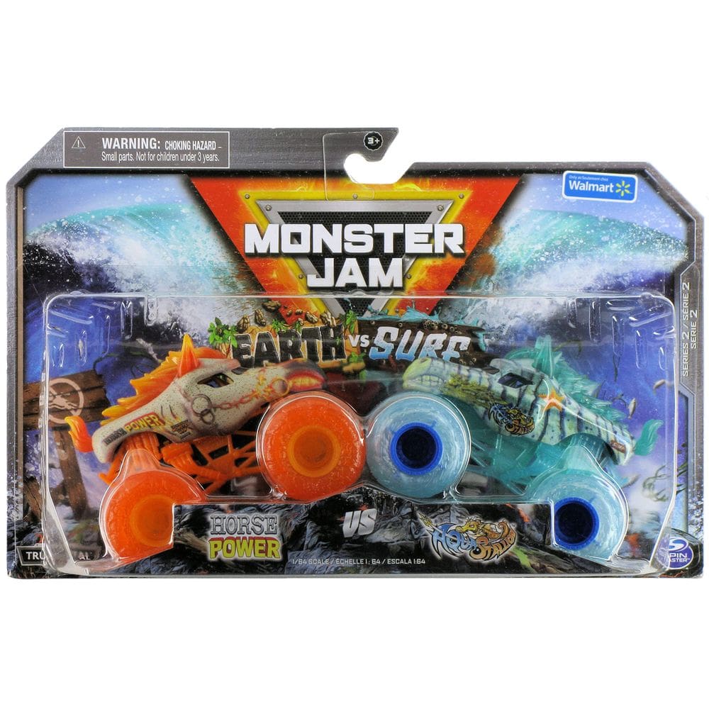 Pacote duplo Toy Truck Monster Jam Earth vs Surf em escala 1:64