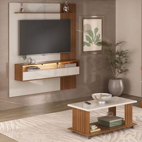 Sala de Estar Completa Angelim para TV Até 65 Polegadas 1 Porta Basculante com Led Cinamomo/Off White - Pnr Móveis