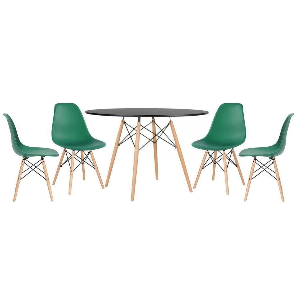 Mesa Redonda Eames 120 Cm Preto + 4 Cadeiras Eiffel Dsw Verde Escuro
