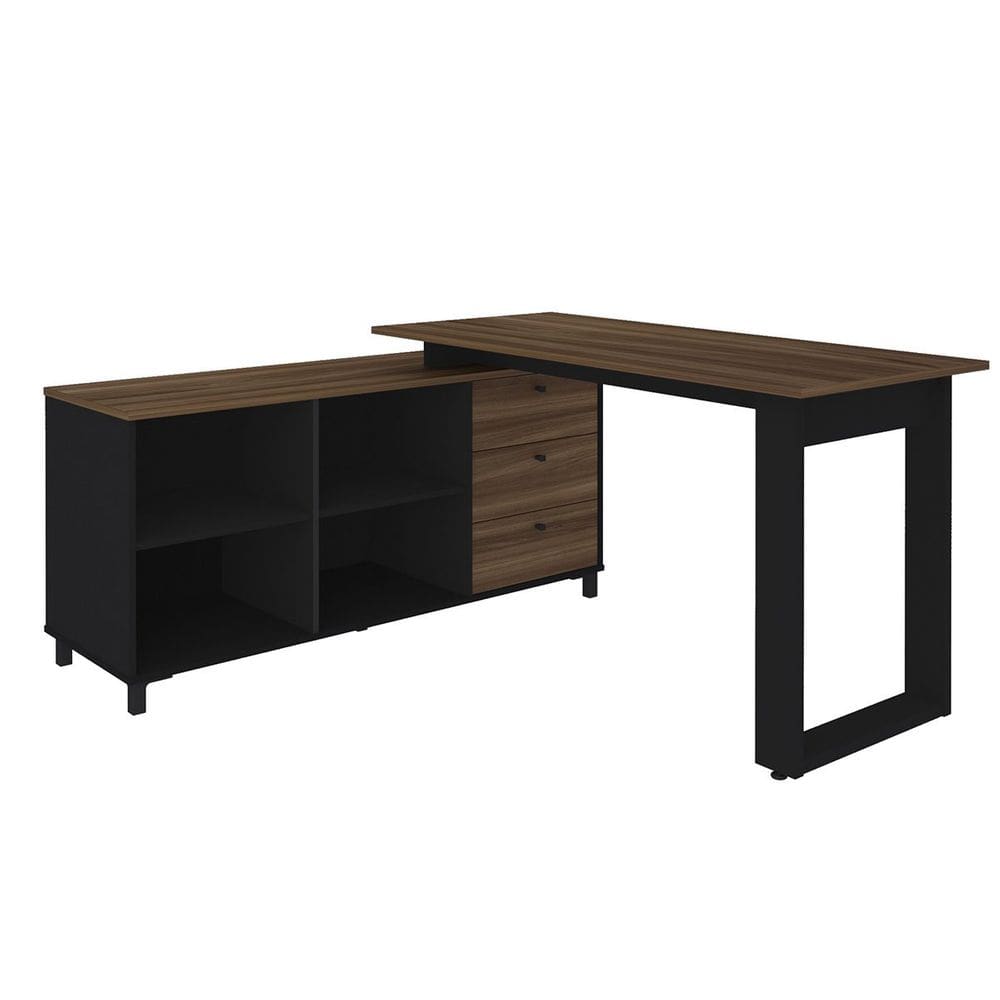 Mesa Escrivaninha em L com 3 Gavetas e Nichos Nexos