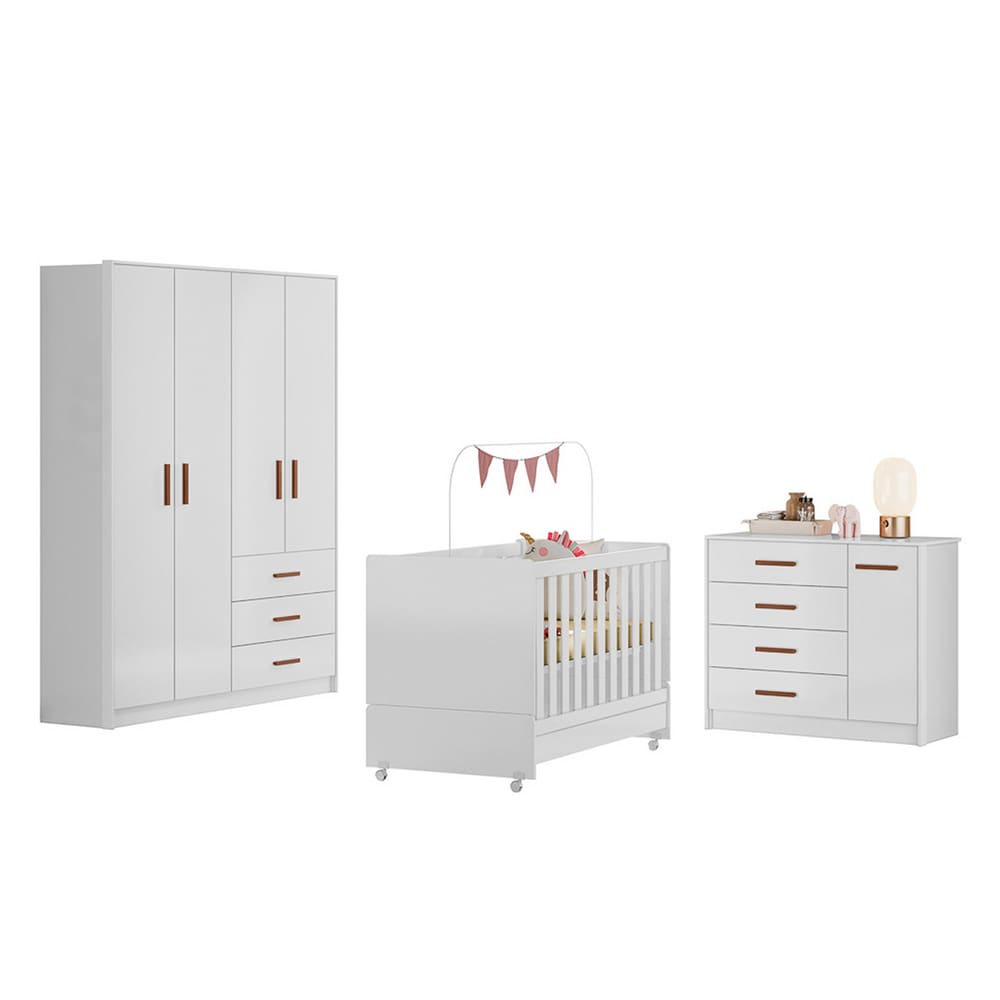 Kit Quarto Infantil Pérola com Berço, Guarda-roupa e Cômoda na Cor Branco-peternella Móveis