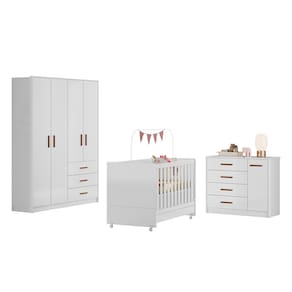 Kit Quarto Infantil Pérola com Berço, Guarda-roupa e Cômoda na Cor Branco-peternella Móveis