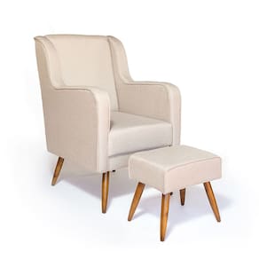 Cadeira Poltrona de Amamentação C/ Puff Linho Bege Pés Palito - Lahome Decor