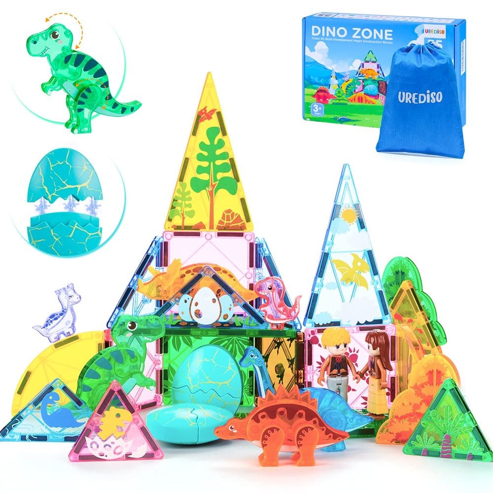 Brinquedo de dinossauro com azulejos magnéticos UREDISO com 6 dinossauros 55 unidades