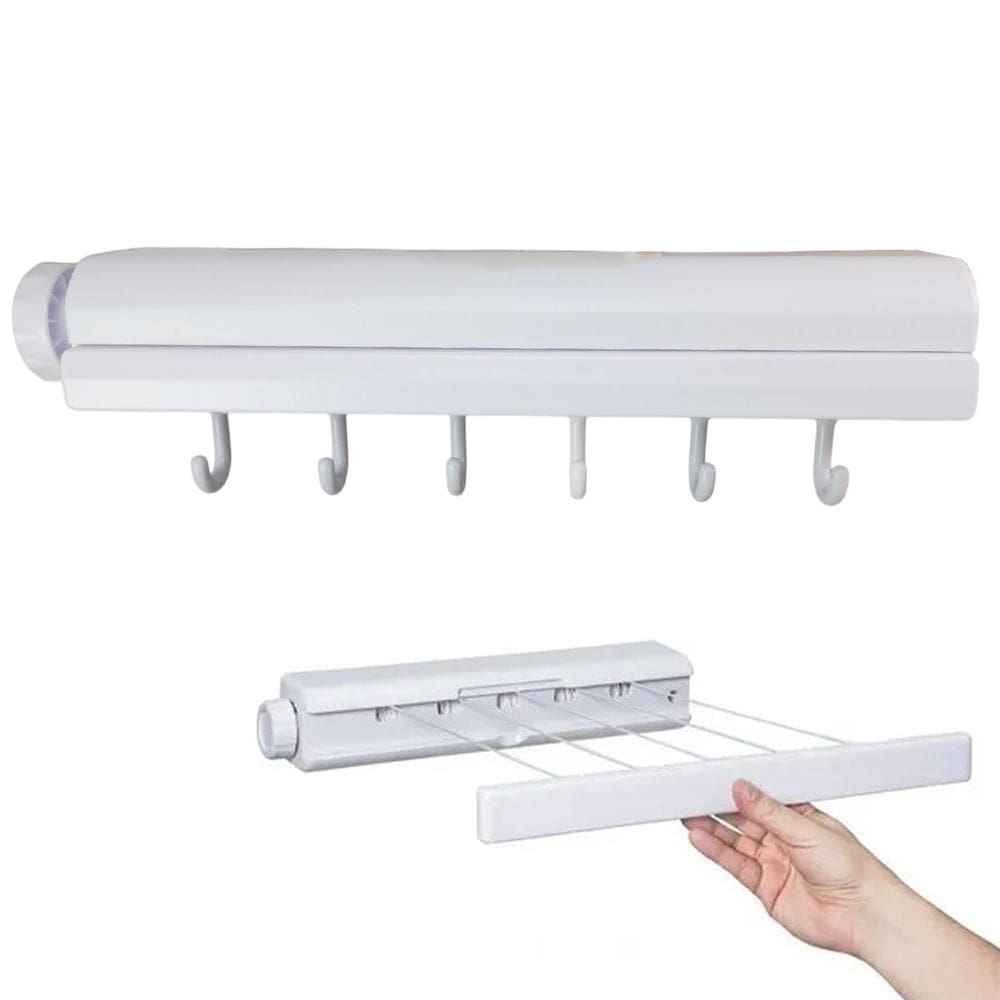 Varal de Parede Retratil Automatico 5 Cordas Ajustavel Extensivel 6 Ganchos Secador de Roupa Lavanderia Organizaçao Casa Apartamento Multiuso