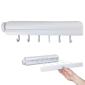 Varal de Parede Retratil Automatico 5 Cordas Ajustavel Extensivel 6 Ganchos Secador de Roupa Lavanderia Organizaçao Casa Apartamento Multiuso