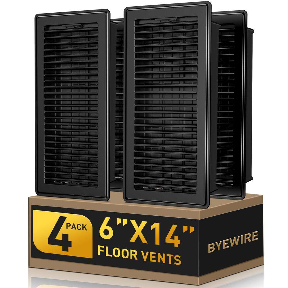 Floor Register BYEWIRE, abertura de dutos 6x14 e 14x6 — preto, pacote com 4