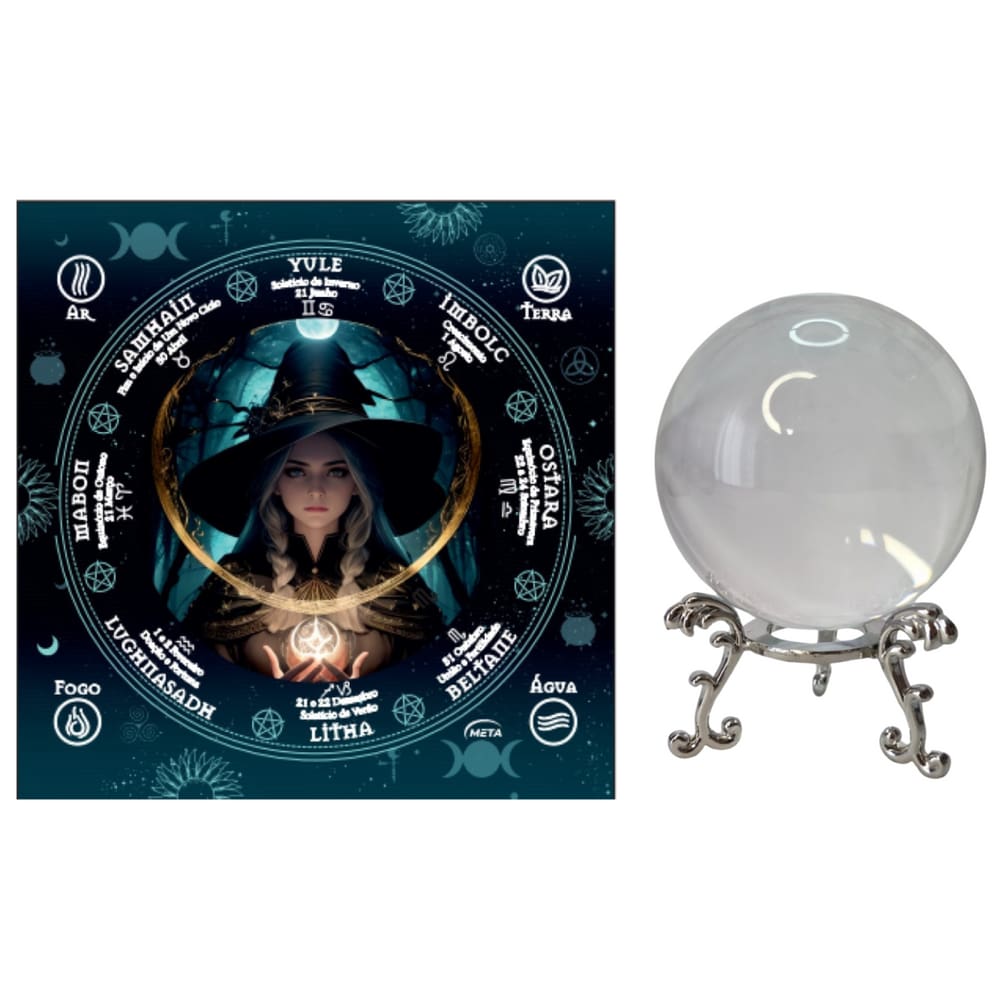 Bola de Cristal Vidro Transparente 6cm com Base+Toalha Wicca