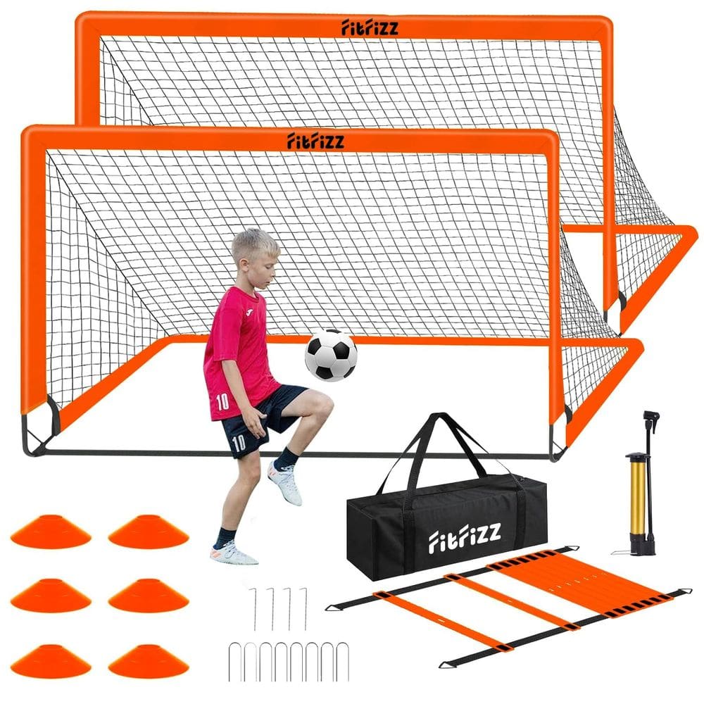 Soccer Goal FITFIZZ Portátil Pop Up de 6 x 4 pés com bola, escada e cones